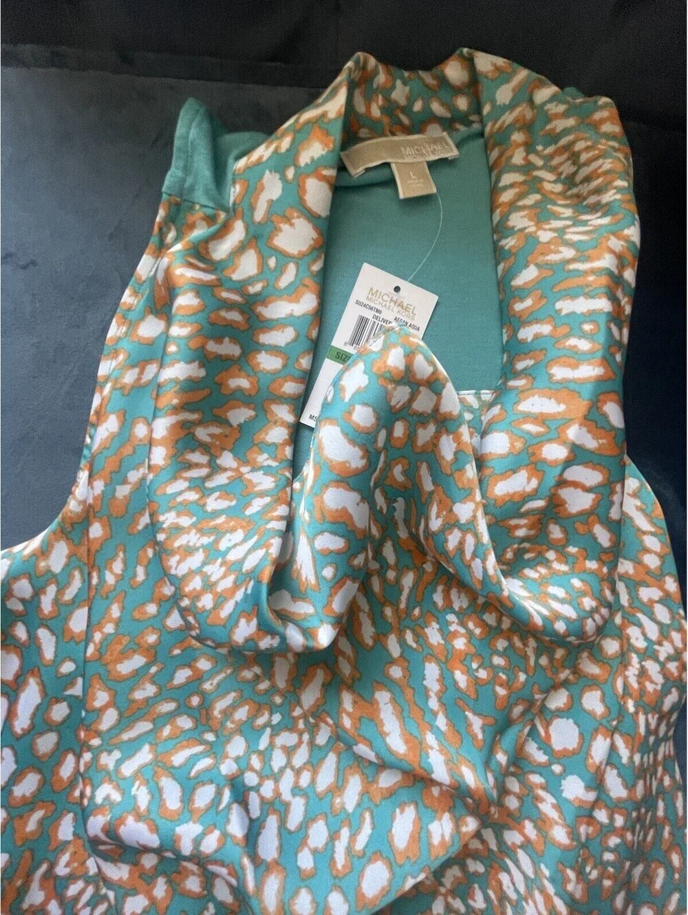 MICHAEL KORS Sleeveless Top Tunic L Teal Orange Satin Drape Cowl Pullover NEW
